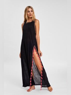 Pitusa Tassel Slit Maxi Dress Black Hot Pink Petite